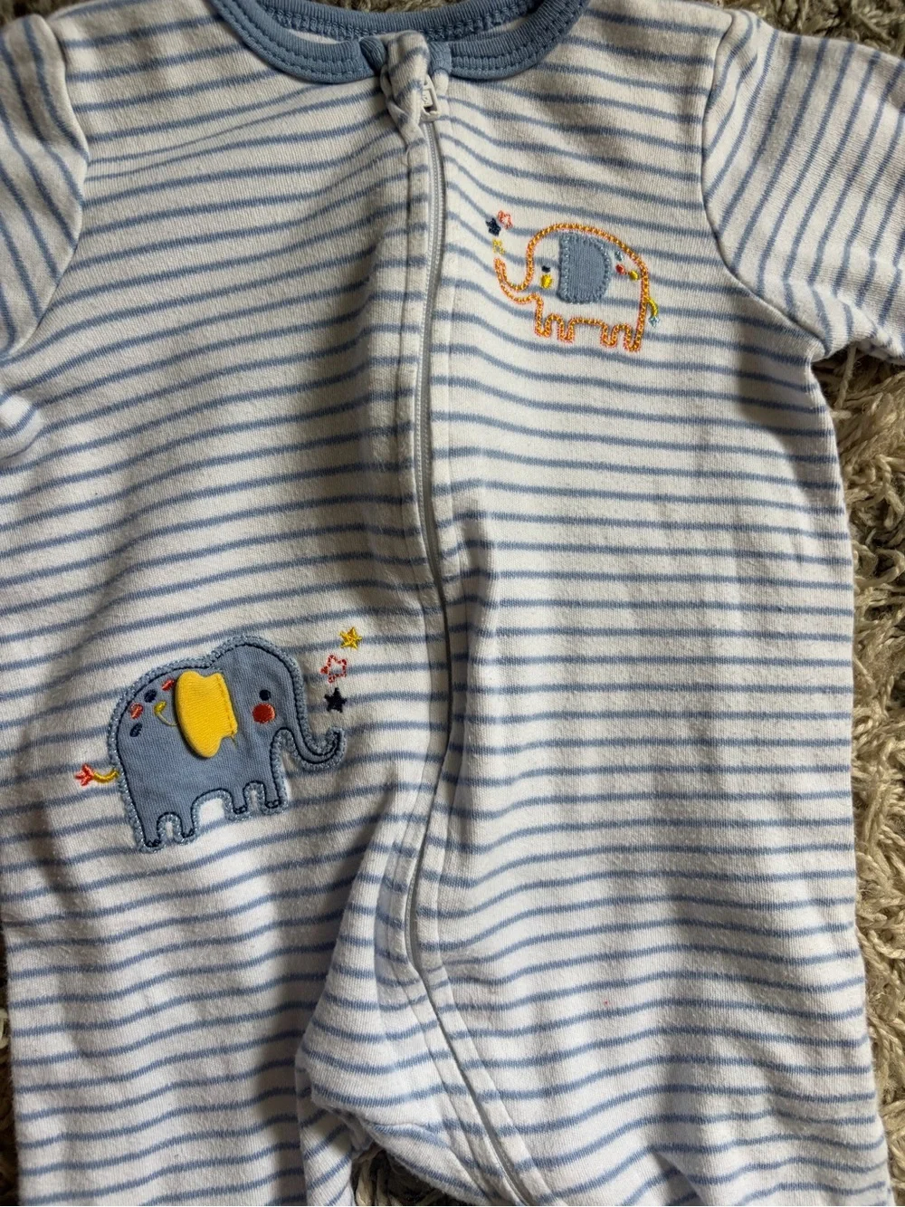 Little Me Blue & White Striped Footed One-Piece with Elephant Appliqués